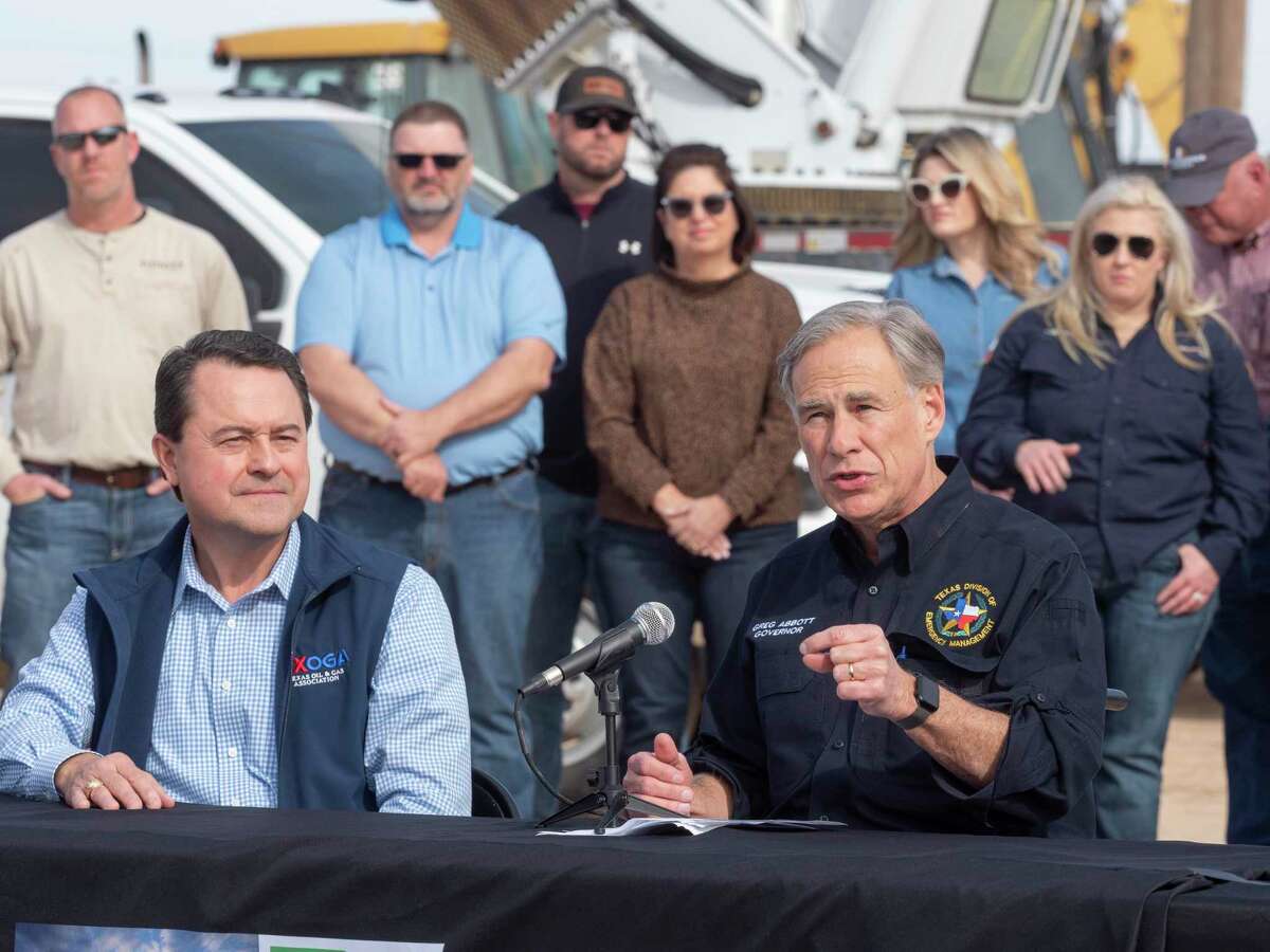 Texas Governor Greg Abbott talks about the continued importance of oil and gas for the state with Todd Staples, president of Texas Oil and Gas Association, 02/01/2022 outside 3S Services off Elkin Road in Midland. Tim Fischer/Reporter-Telegram