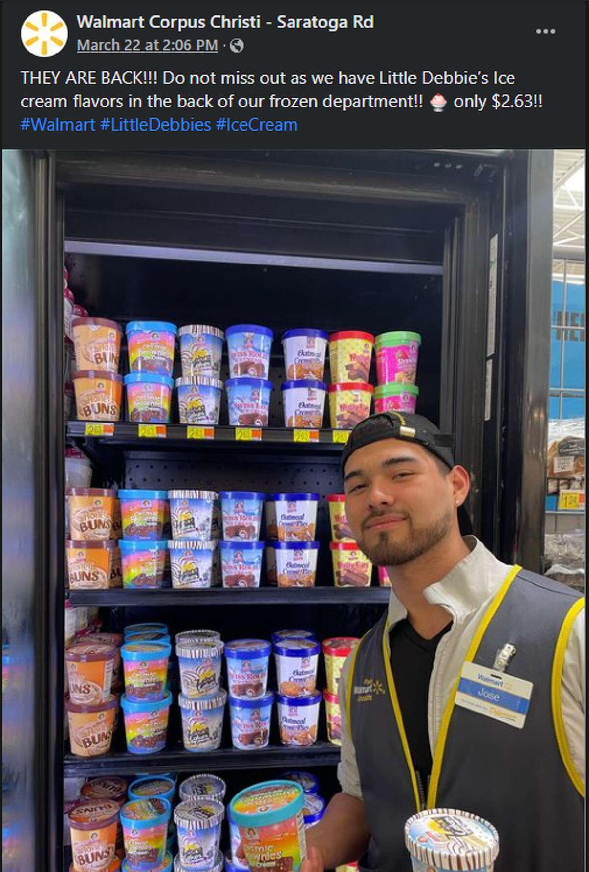A Corpus Christi Walmart posted a photo of an employee in front of Little Debbie's display. But people weren't looking at the ice cream.