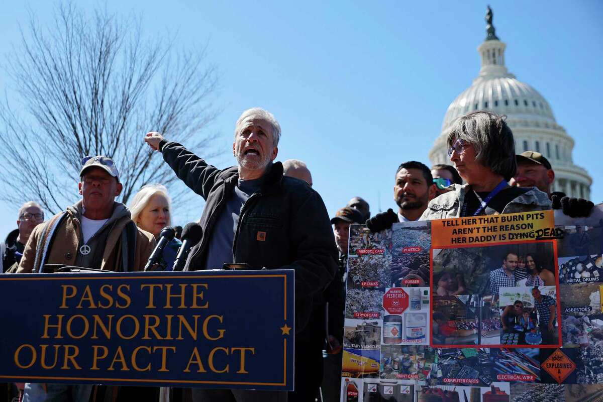 Comedian and activist Jon Stewart, right, spoke out about military burn pit legislation recently. with veterans advocacy groups and Democratic members of Congress outside the U.S. Capitol on March 29. The Senate Committee on Veterans’ Affairs announced a path forward for the Honoring our Promise to Address Comprehensive Toxics Act — or PACT Act — legislation that address issues impacting toxic-exposed veterans’ access to earned benefits and care.