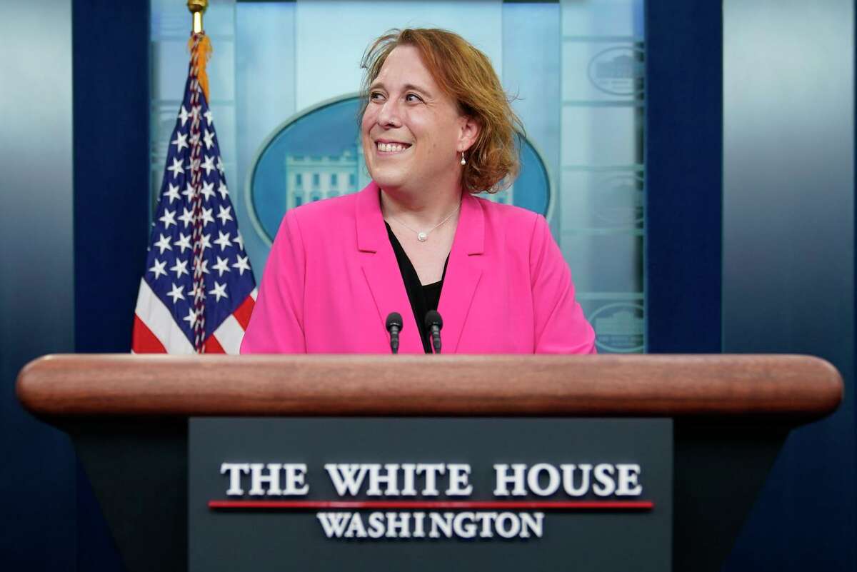 "Jeopardy!" champion Amy Schneider speaks with members of the press in the James S. Brady Press Briefing Room at the White House, Thursday, March 31, 2022, in Washington. Schneider was visiting the White House to participate in Transgender Day of Visibility.