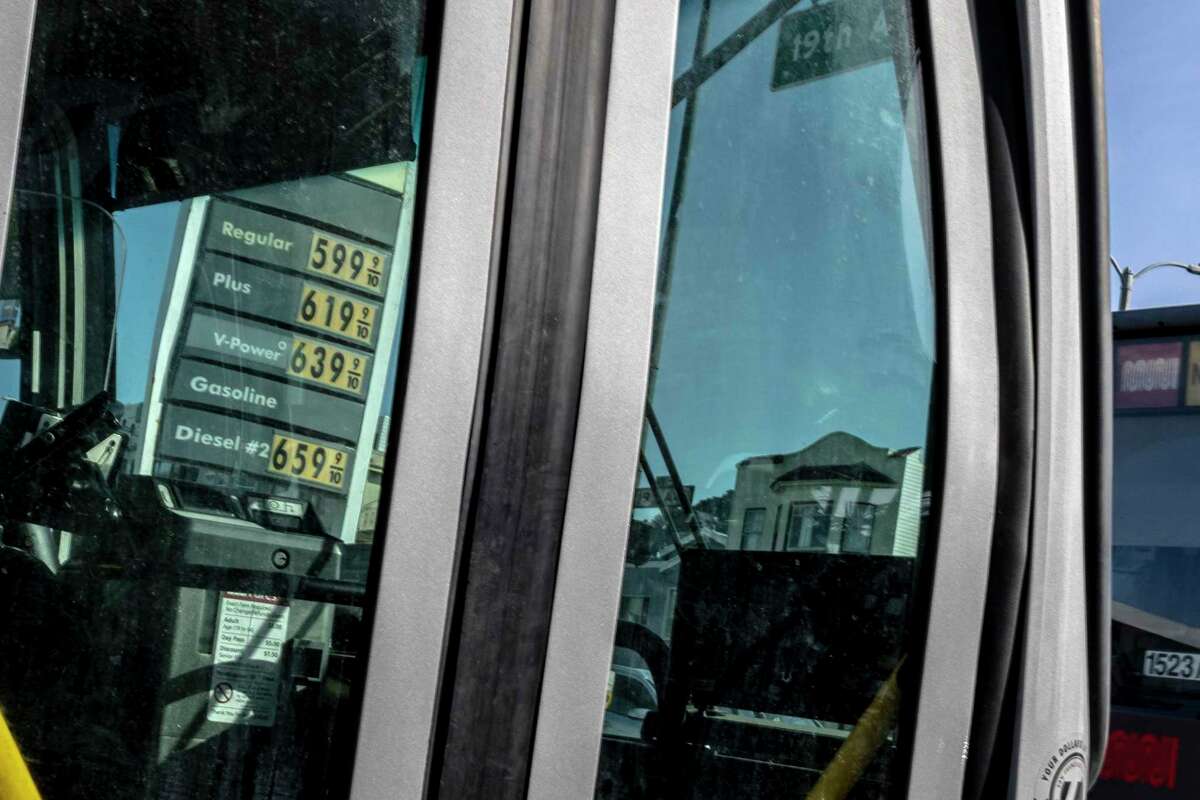 Gasoline prices at a Shell gas station in San Francisco are seen through a bus window. The average price for a gallon of gas in California was $5.89 Thursday.
