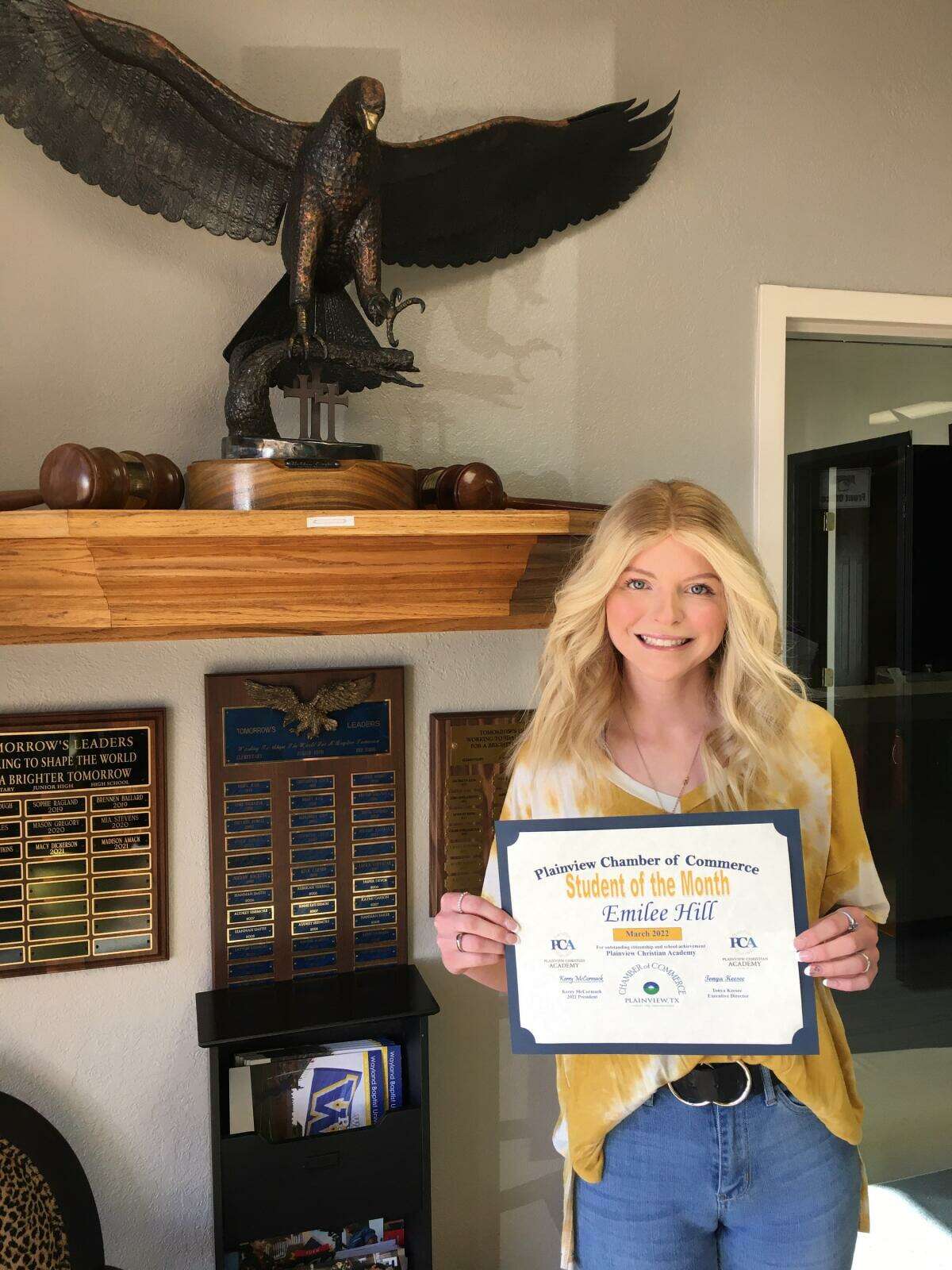 Emilee Hill, a Plainview Christian Academy senior, was chosen as the March 2022 Student of the Month by the Plainview Chamber of Commerce. 