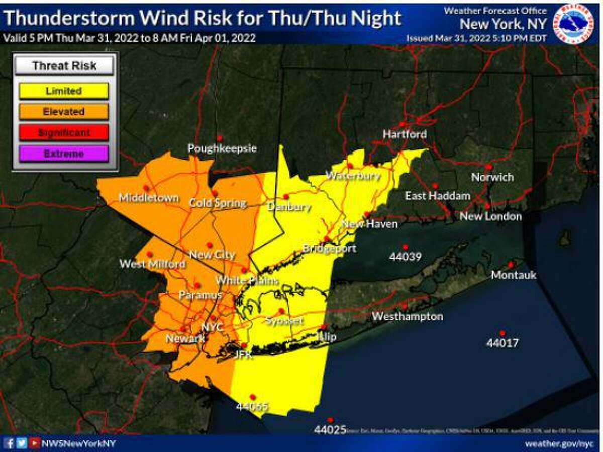 Southern Connecticut has a limited risk of thunderstorm winds Thursday night, according to the National Weather Service.
