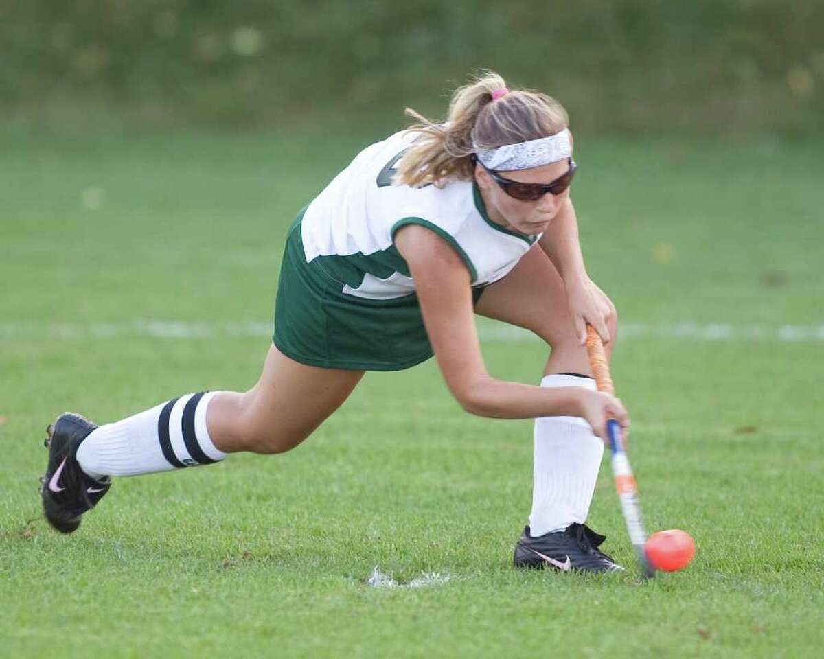 New Milford's Lexi Pearl scores on a penalty shot against Joel Barlow Wednesday at New Milford High.