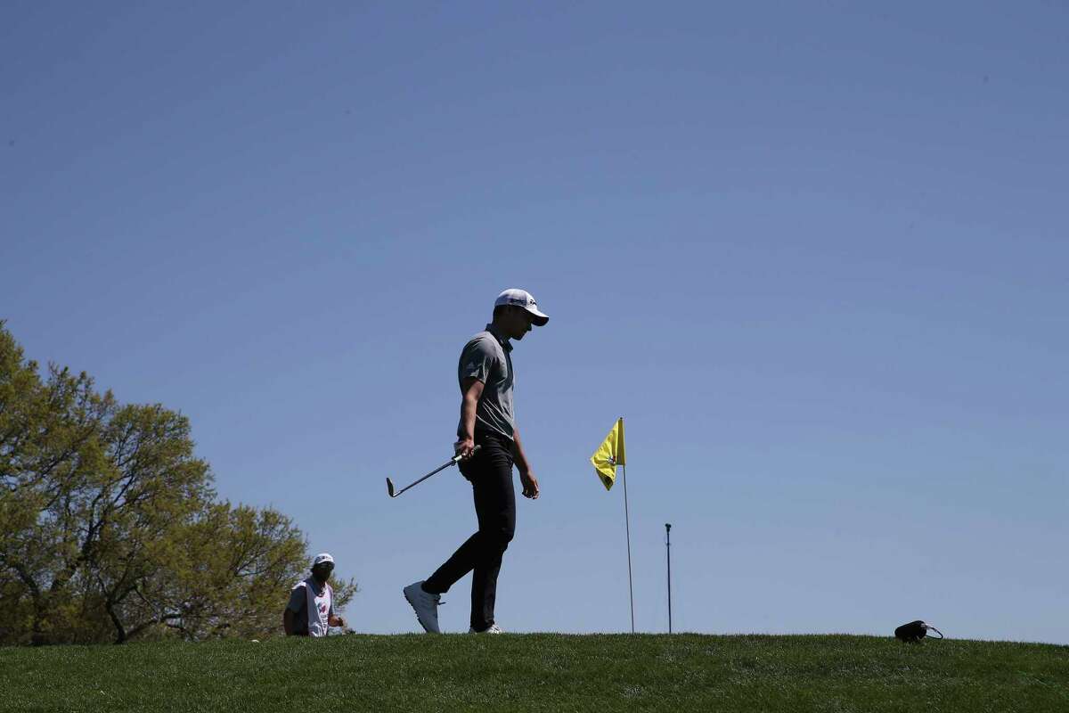 Rasmus Hojgaard reacts after missing a bogey shot on the ninth during the first day of play at the Valero Texas Open at TPC San Antonio, Thursday, March 31, 2022. Hojgaard started play on the 10th hole and was leading the tournament with a 8-under but the double bogey cost him the lead.
