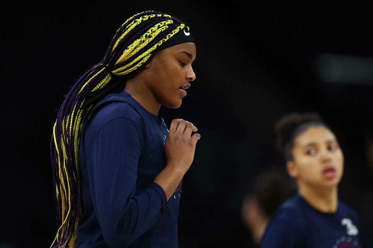 UConn’s Aaliyah Edwards looks on during a practice session March 31 at Target Center in Minneapolis.