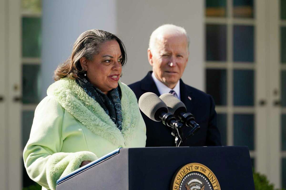 Michelle Duster, great-granddaughter of civil rights pioneer Ida B. Wells, speaks after President Joe Biden signed the Emmett Till Anti-Lynching Act in the Rose Garden of the White House, Tuesday, March 29, 2022, in Washington. (AP Photo/Patrick Semansky)