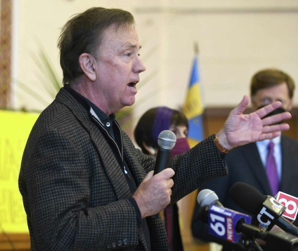 Connecticut Gov. Ned Lamont speaks at the Ukraine press conference and rally at St. Michael the Archangel Ukrainian Catholic Church in New Haven, Conn., Sunday, Feb. 27, 2022.