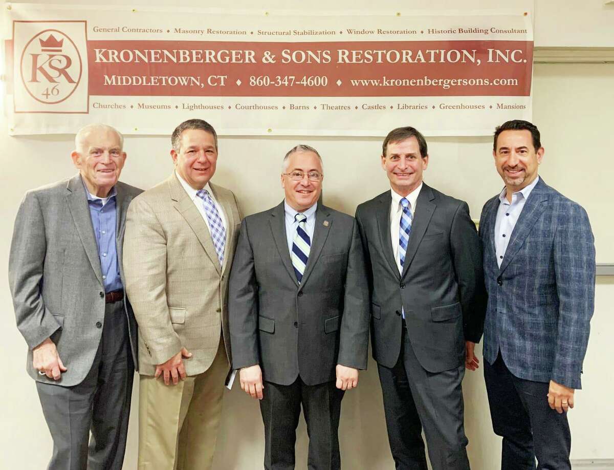 The Middlesex County Chamber of Commerce Legislative Leadership Series featuring House Republican Leader Vincent Candelora took place March 18. From left are President Larry McHugh, Legislative Committee Co-Chairman Rich Carella, House Republican Leader Vincent Candelora, Kronenberger & Sons Restoration owner Brian Kronenberger and CBIA President and CEO Chris DiPentima.