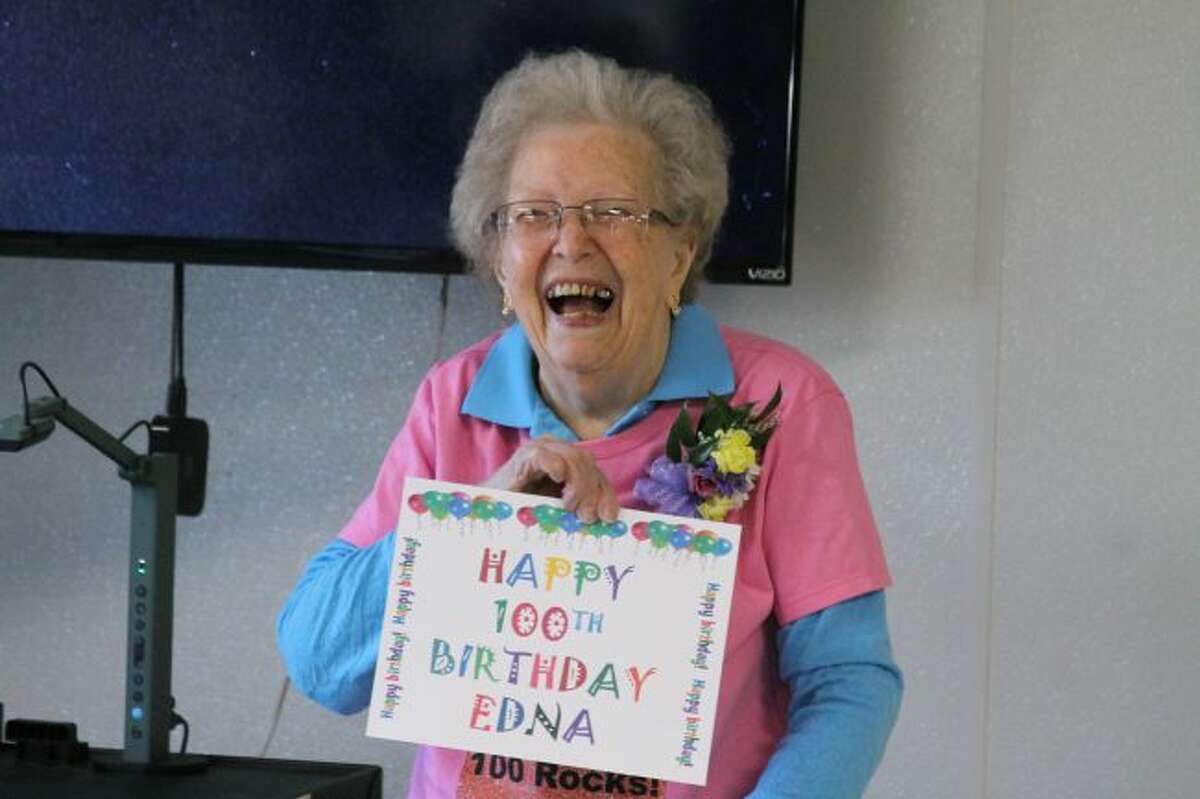In this file photo, taken at the Manistee Senior Center, Edna Holmberg celebrates her 100th birthday.