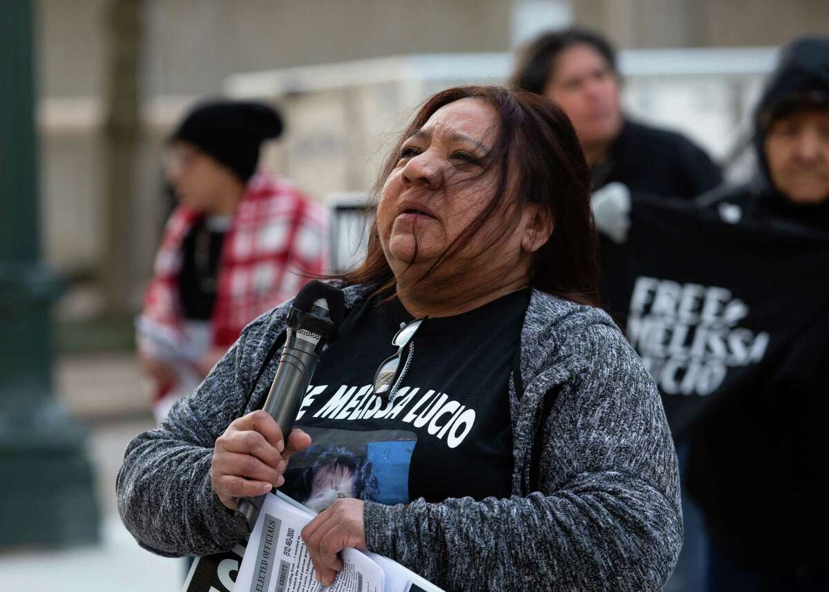Sonya Valencia, sister of Melissa Lucio, is overcome with emotion while asking Gov. Greg Abbott to stop the execution of her sister and free her during a press conference Friday, Feb. 18, 2022, across the street from Harris County Criminal Justice Center in Houston. Lucio would be the first Latina woman facing execution in Texas this April. The family’s statewide media campaign also asks the public to watch a Hulu documentary on her case, which argues she wasn’t given a fair defense and that she is not responsible for the death of her 2-year-old daughter, Mariah, when she fell down the stairs of their Harlingen home more than a decade ago.