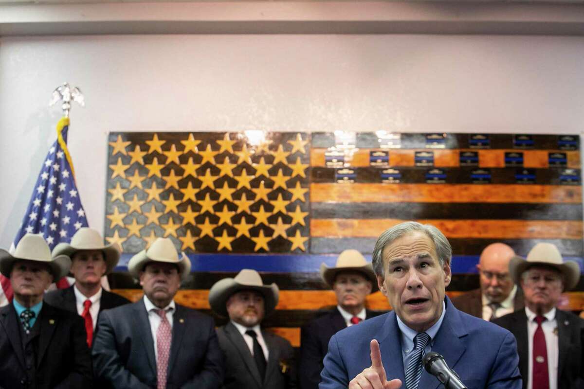 Texas Govenor Greg Abott speaks during a press conference held at the Deputy Sheriff's Association of Bexar County office in San Antonio, Texas, on Jan. 11, 2022. Gov. Abbott apeared with border sheriffs today to announce his many endorsements from law enforcement groups as he runs for re-election.