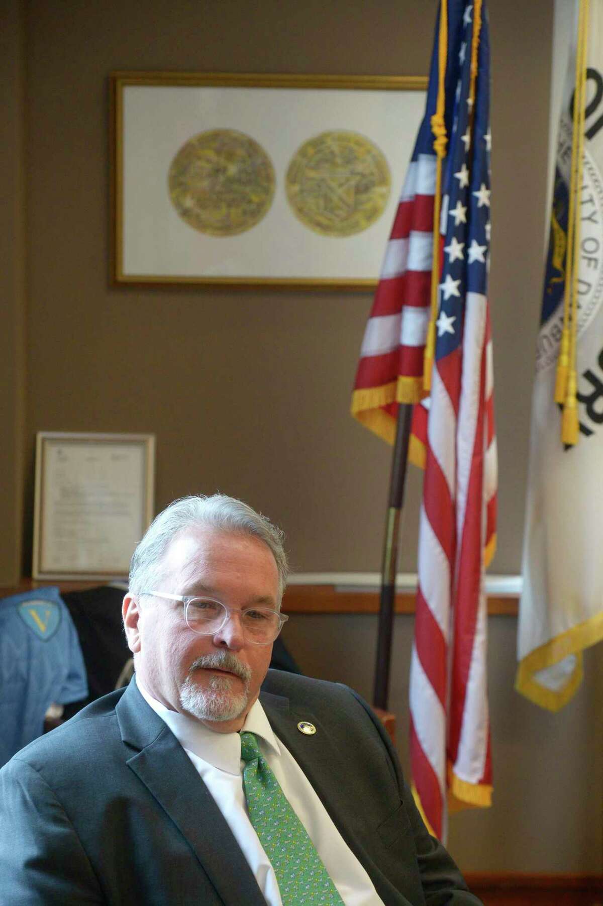 Danbury Mayor Dean Esposito in his city hall office. Thursday, March 31, 2022, Danbury, Conn.