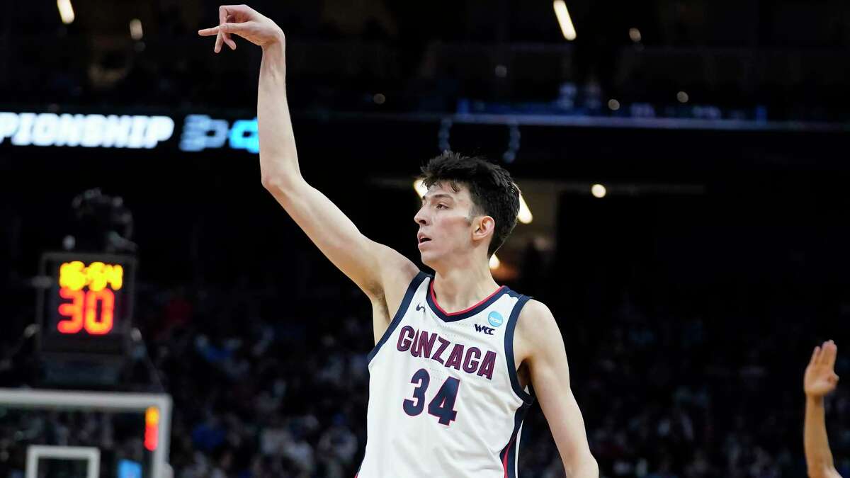 Gonzaga center Chet Holmgren against Arkansas during a college basketball game in the Sweet 16 round of the NCAA tournament in San Francisco, Thursday, March 24, 2022. (AP Photo/Marcio Jose Sanchez)