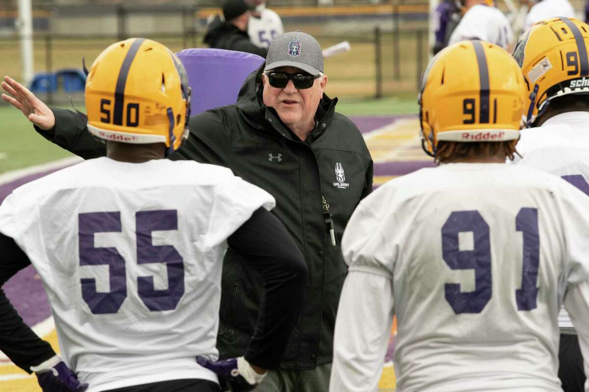University at Albany head coach Greg Gattuso is seen during football practice at Casey Stadium on Friday, April 1, 2022 in Albany, N.Y.