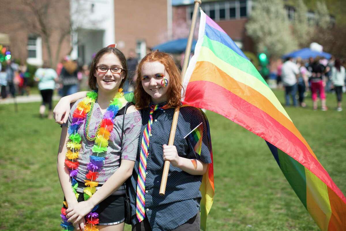 Taryn Fortier, 15 of Bethel, and Ruby Sage-Robison, 16 of Bethel, stopped for a picture at the Bethel Municipal Center after the first-ever LGBTQ Pride Parade in Bethel, Conn. on Sunday, April 23, 2017.