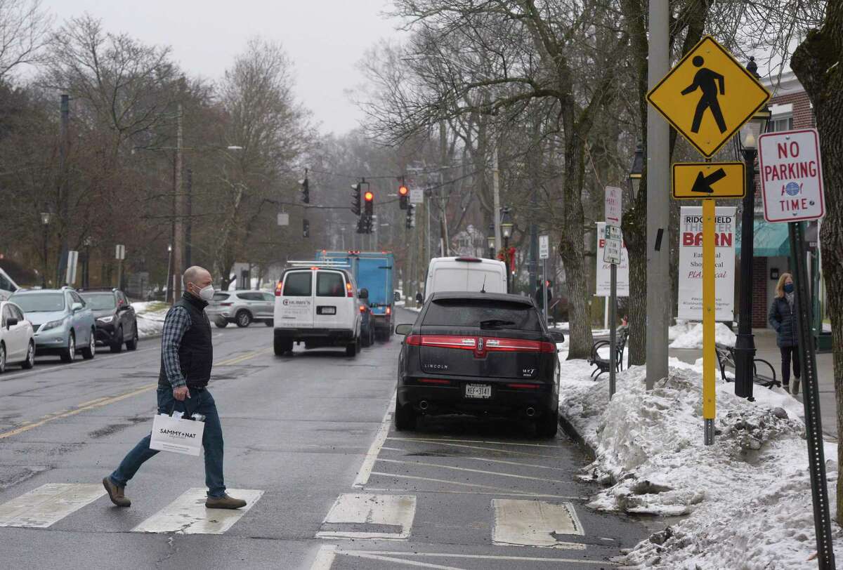 A change.org petition is calling for new crosswalk signs to help pedestrians cross Main Street at the Ridgefield Conservatory of Dance downtown. Monday, February 7, 2022, Ridgefield, Conn.