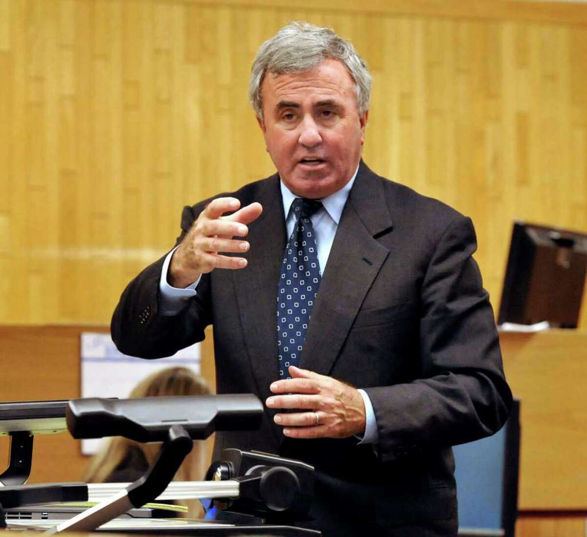 Defense Attorney Mickey Sherman makes his opening statement in the courtroom at Danbury Superior Court in the murder trial of Marash Gojcaj, Wednesday, Sept. 29, 2010.
