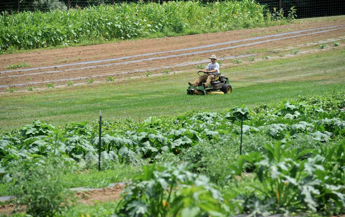 A worker mows the grass in a field at Sullivan Farm in New Milford in anticipation of rain.