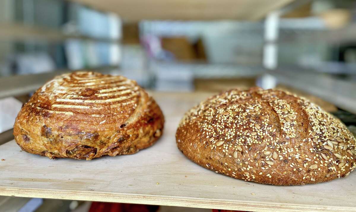Little Sky Bakery is now selling fresh bread out of a permanent space in Menlo Park. Above is naturally leavened raisin-walnut bread (left) and seeded stone-ground whole wheat.