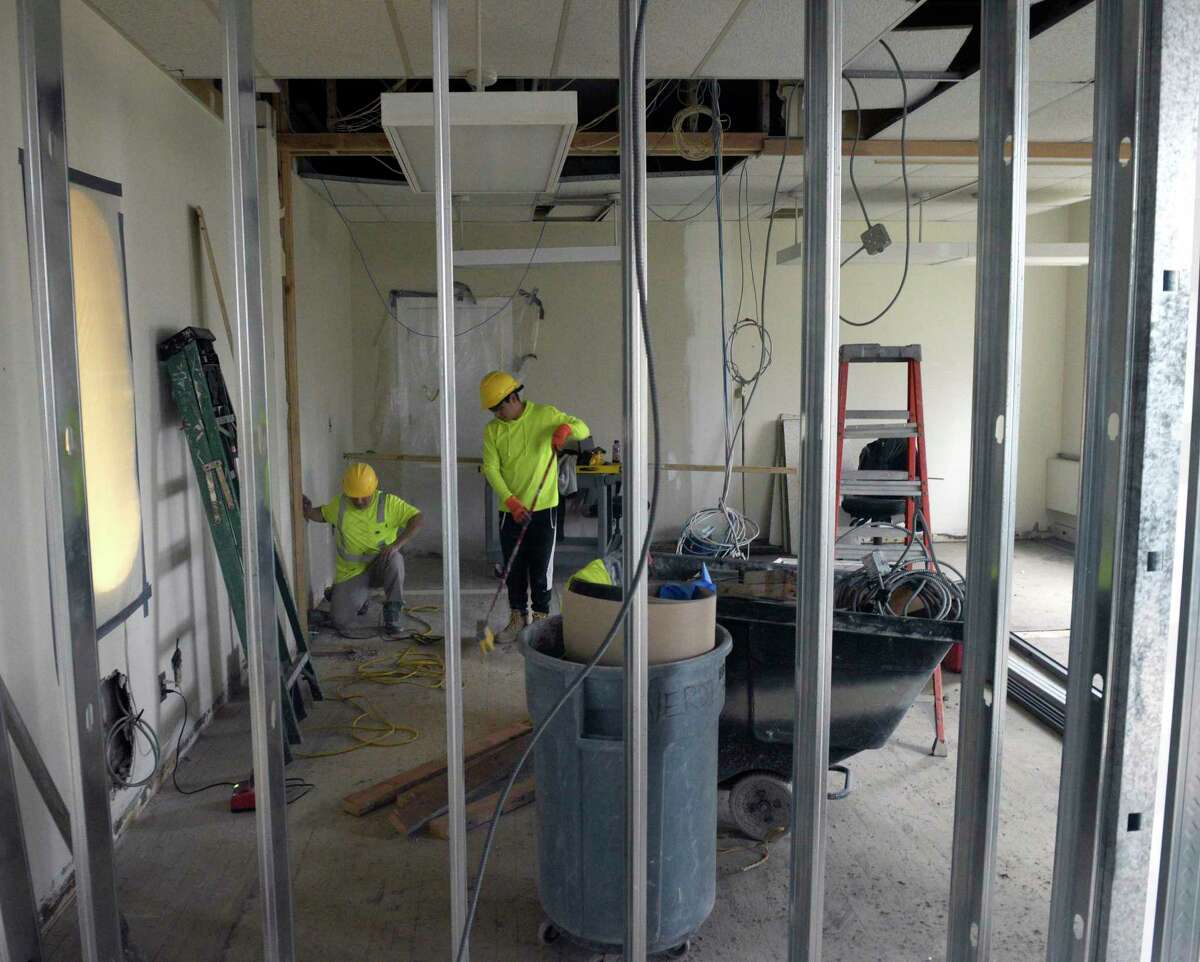 Contractors work on a new hospitality room for performers at The Ridgefield Playhouse. The venue is renovating its space to include a new VIP room and an expanded lobby. Thursday, March 24, 2022, in Ridgefield, Conn.