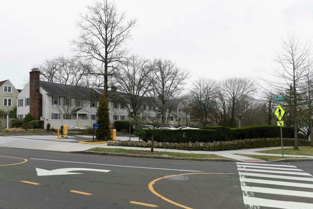 The proposed site of a new cancer care facility, located on the Greenwich Hospital campus on the southwest side of the intersection of Lake Avenue and Lafayette Place, in Greenwich, Conn. Sunday, March 27, 2022. After the town turned down its proposal last year, the Greenwich Hospital administration is returning with a revised plan that increases green space and sinks most of the proposed cancer center underground.