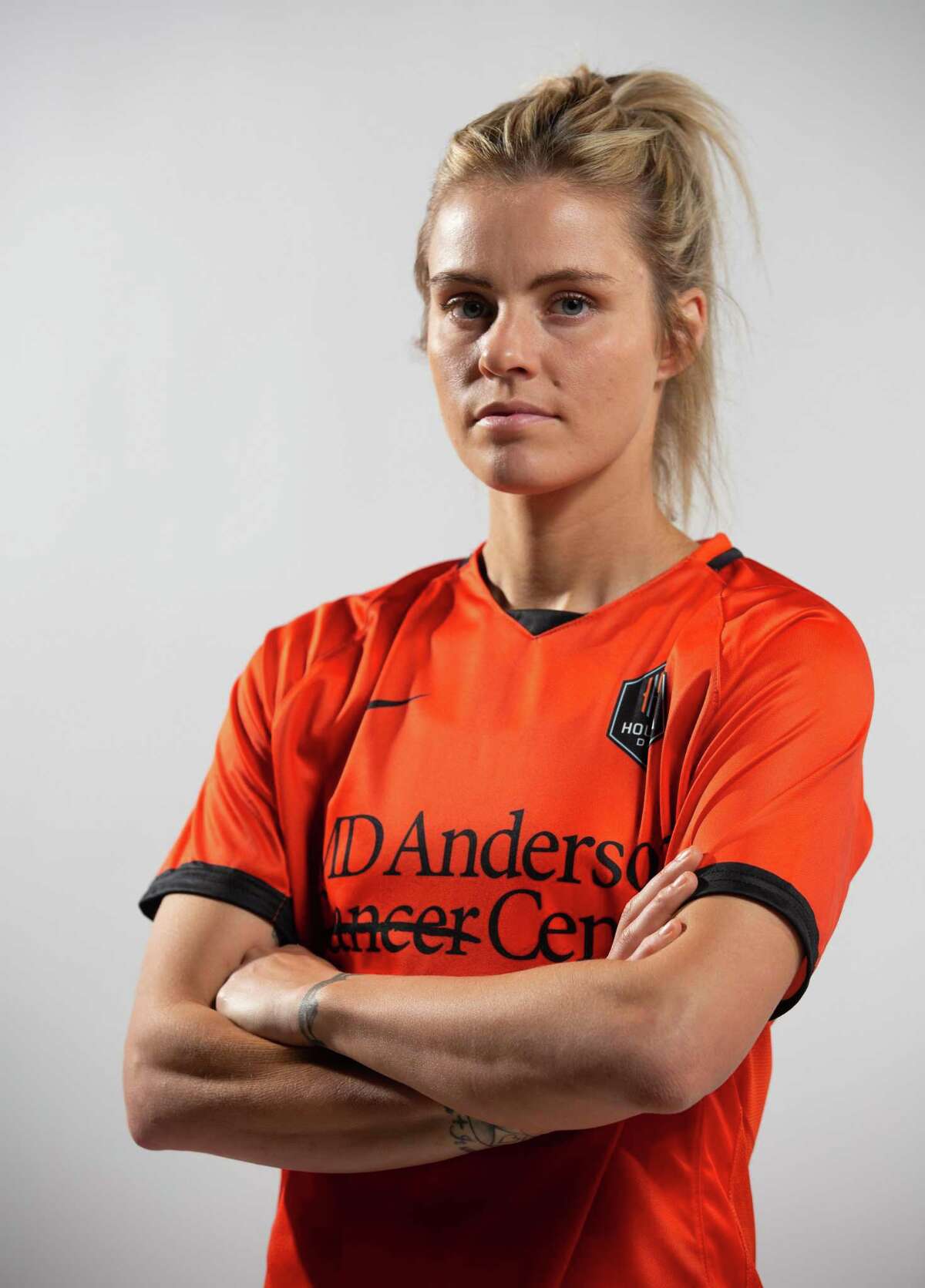 Houston Dash forward Rachel Daly poses for a photo on media day Wednesday, March 9, 2022, in Houston.