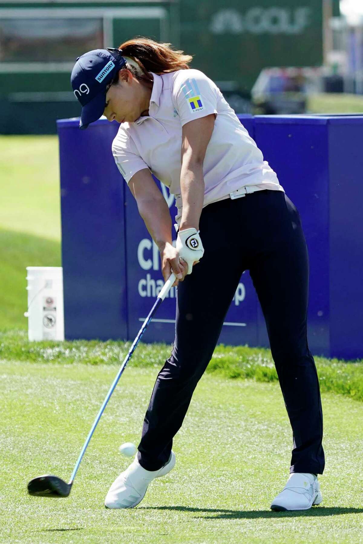 Hinako Shibuno hits from the 18th tee during the second round of the LPGA Chevron Championship golf tournament Friday, April 1, 2022, in Rancho Mirage, Calif. (AP Photo/Marcio Jose Sanchez)