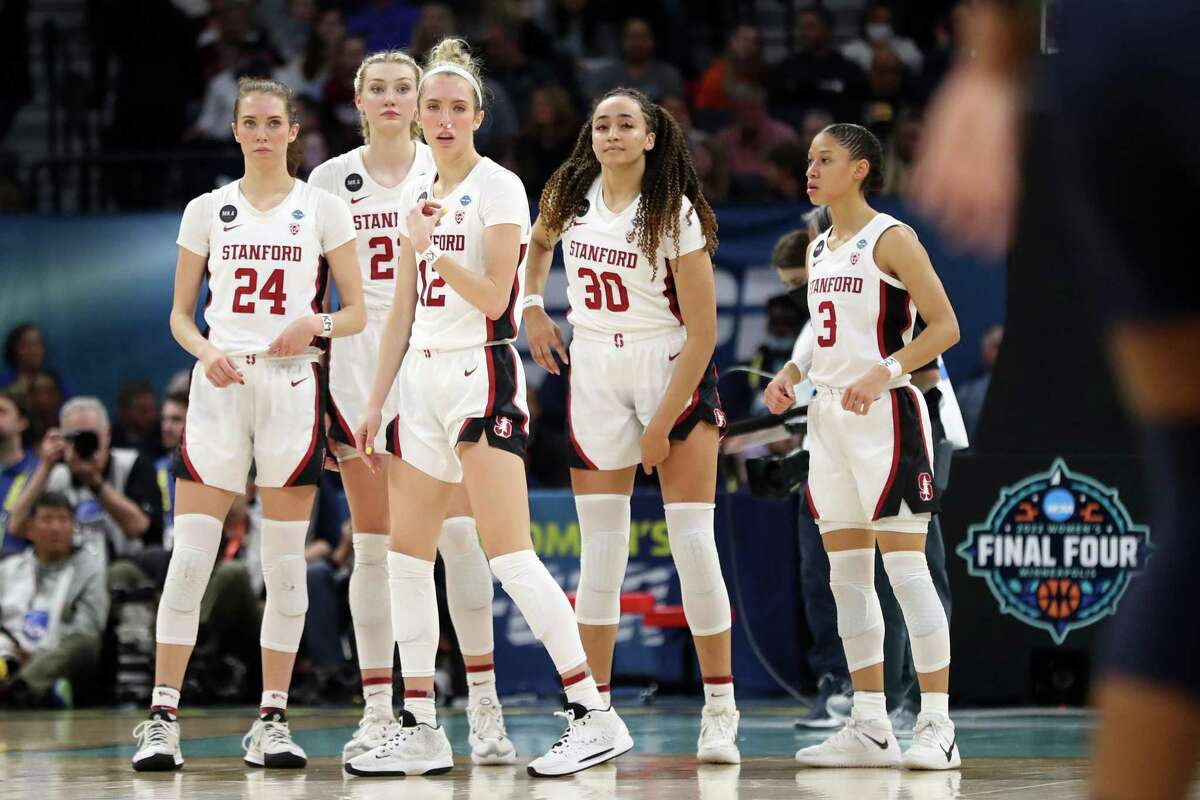 Stanford?•s Lacie Hull, Cameron Brink, Lexie Hull, Haley Jones and Amma Wilson during 2nd quarter of 63-58 loss to UConn during NCAA Women?•s Basketball Final Four semifinal at Target Center in Minneapolis, MN on Friday, April 1, 2022.