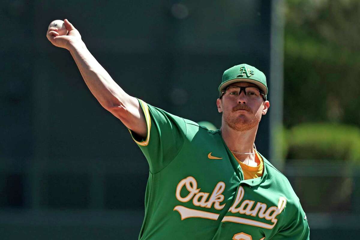 Oakland Athletics starting pitcher Adam Oller throws during the first inning of a spring training baseball game against the Chicago White Sox Friday, April 1, 2022, in Glendale, Ariz. (AP Photo/Charlie Riedel)