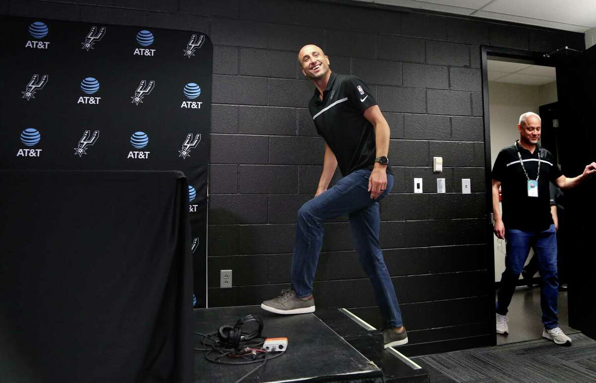 Manu Ginobili acknowledges reporters at press conference as he is announced by the NBA that he has been elected to the Naismith Hall of Fame on Saturday, April 2, 2022 at the AT&T Center.
