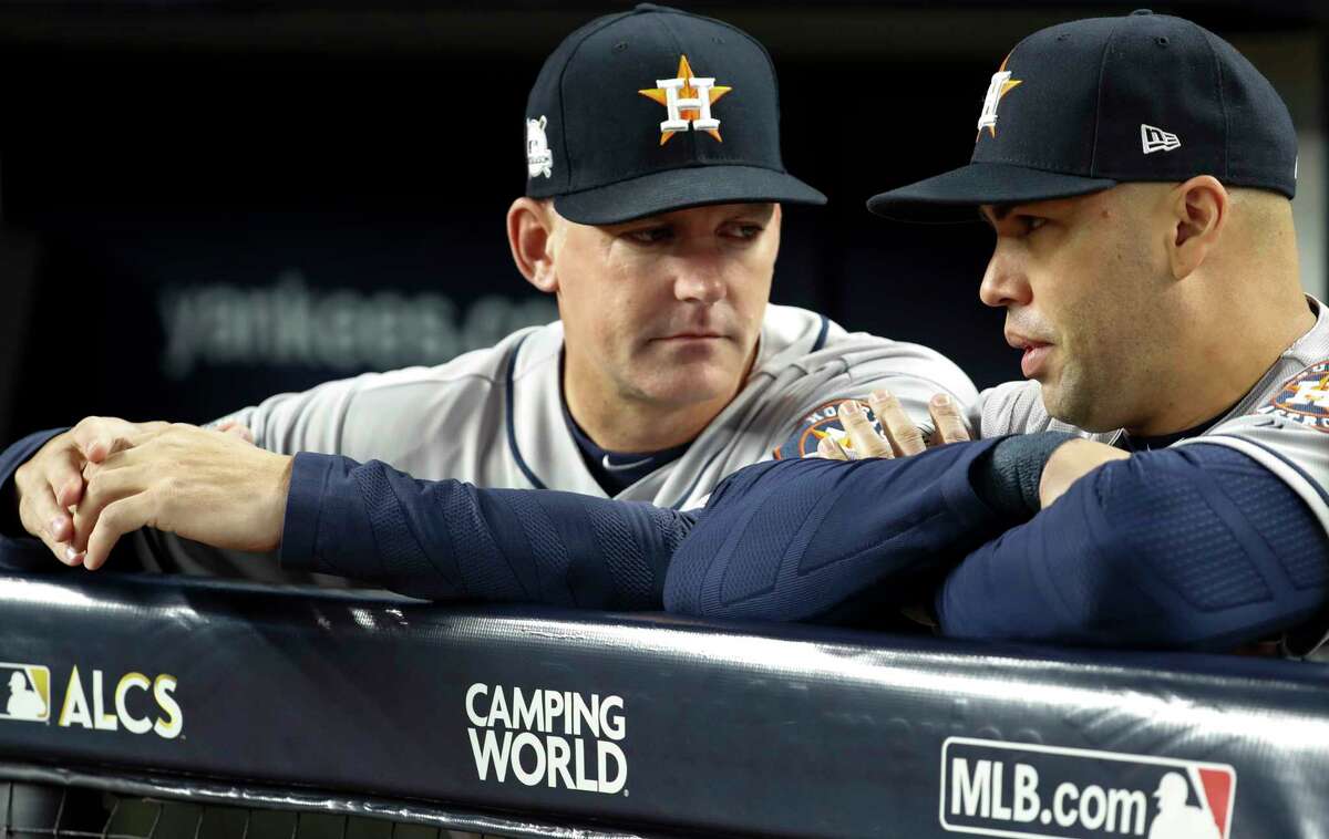 Carlos Beltrán' and A.J. Hinch during the Astros' ALCS against the Yankees in 2017.