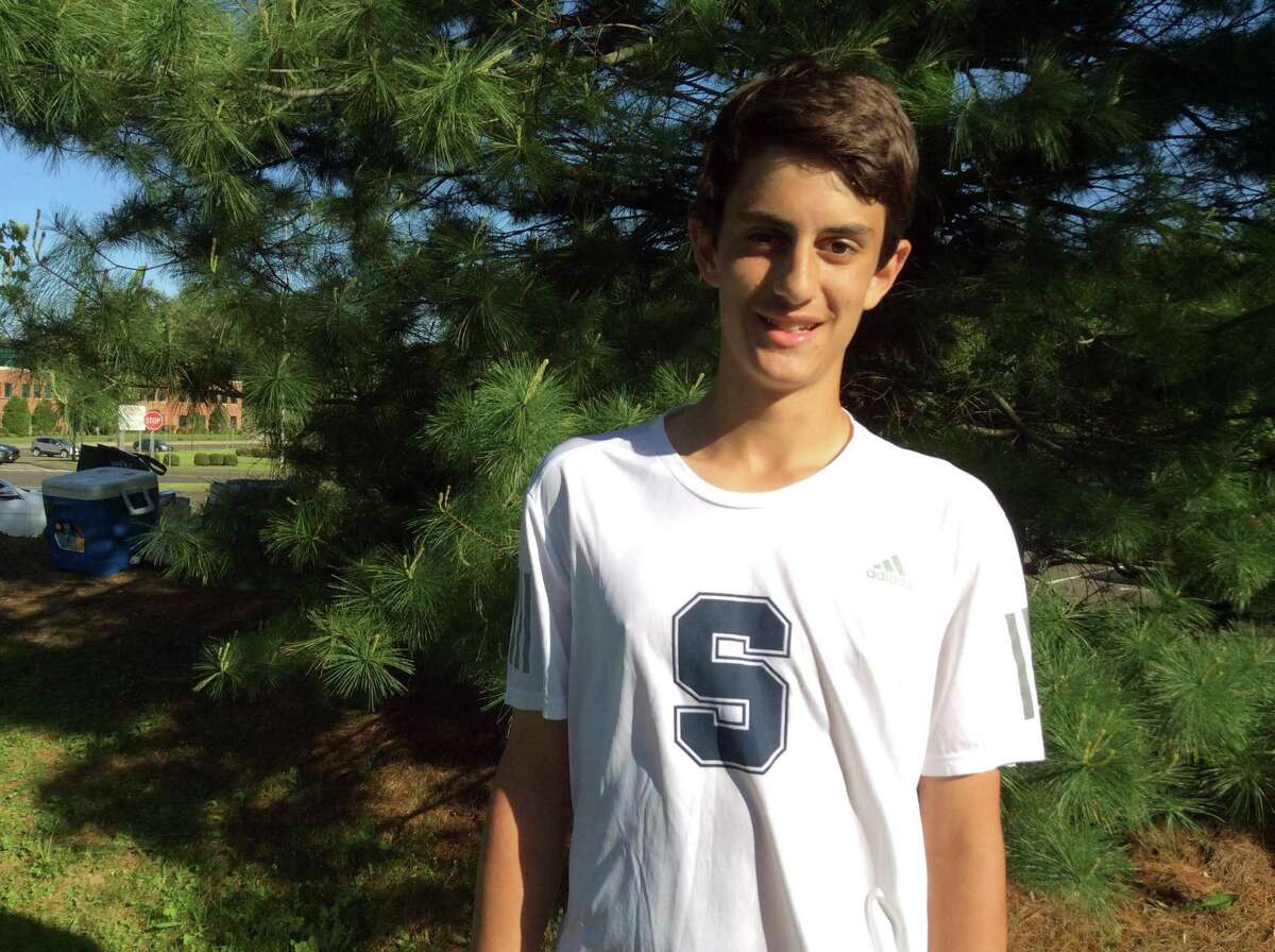 Robbie Daus of Staples won his match at second singles against Greenwich in the FCIAC semifinals. The Wreckers defeated the Cardinals, 4-0, on Monday, May 21, 2019, in Westport.