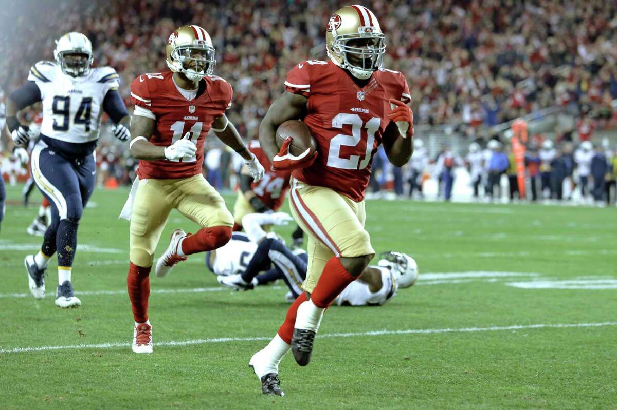 Frank Gore’s final touchown as a 49er was this 52-yard, first-quarter score against the Chargers on Dec. 20, 2104.