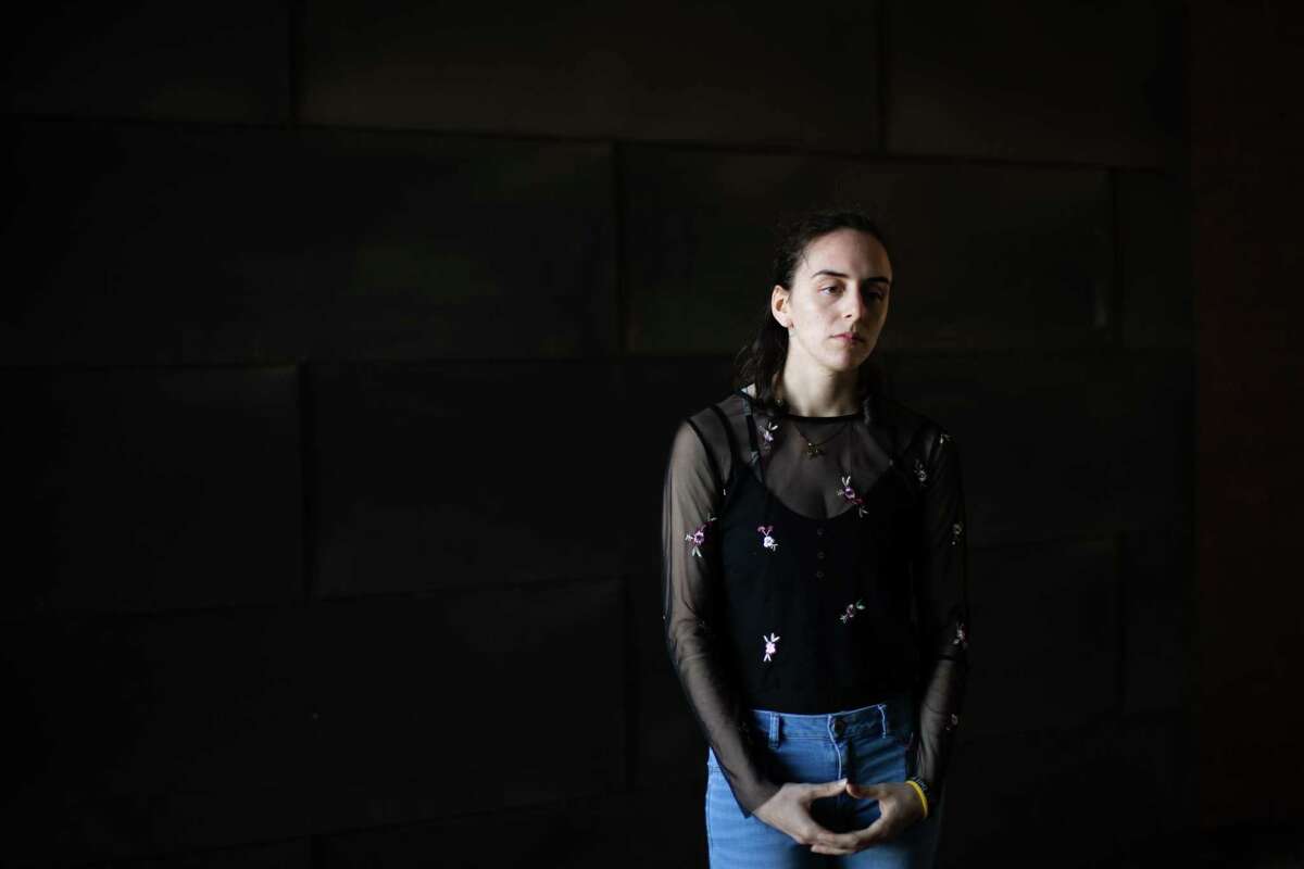 Vanessa Zambrano, whose father is one of the Citgo 6 detained in Venezuela stands for a portrait at the University of Houston where she is a student, Friday, April 1, 2022, in Houston.