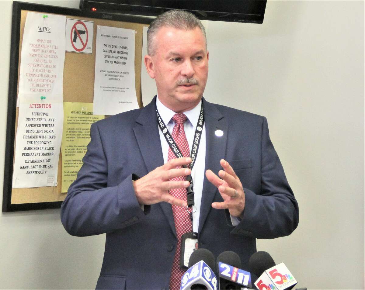 Maj. Jeff Connor, chief deputy for the Madison County Sheriff’s Department, speaks during a press conference regarding a double homicide Saturday morning in the Collinsville area. The suspect died Sunday morning after being shot by an Illinois State Police trooper.