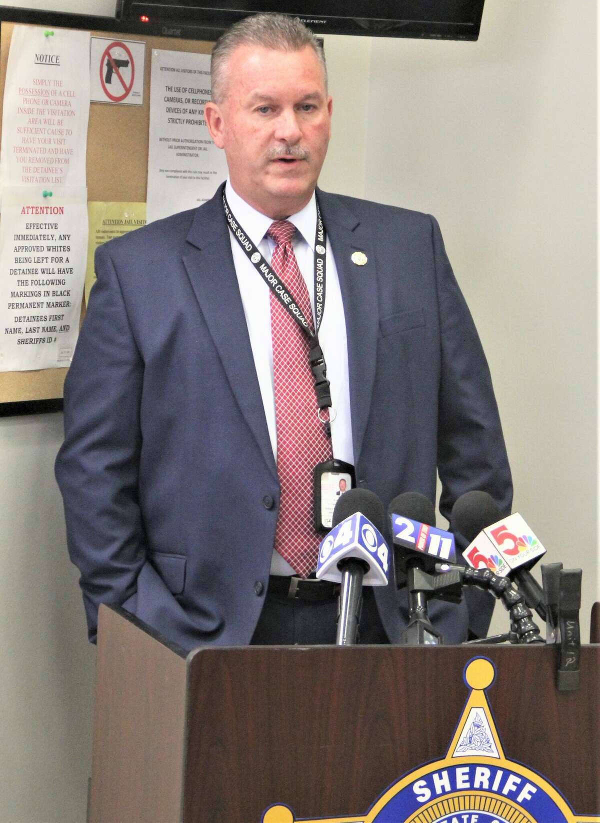 Maj. Jeff Connor, chief deputy for the Madison County Sheriff’s Department, speaks during a press conference regarding a double homicide Saturday morning in the Collinsville area. The suspect died Sunday morning after being shot by an Illinois State Police trooper.