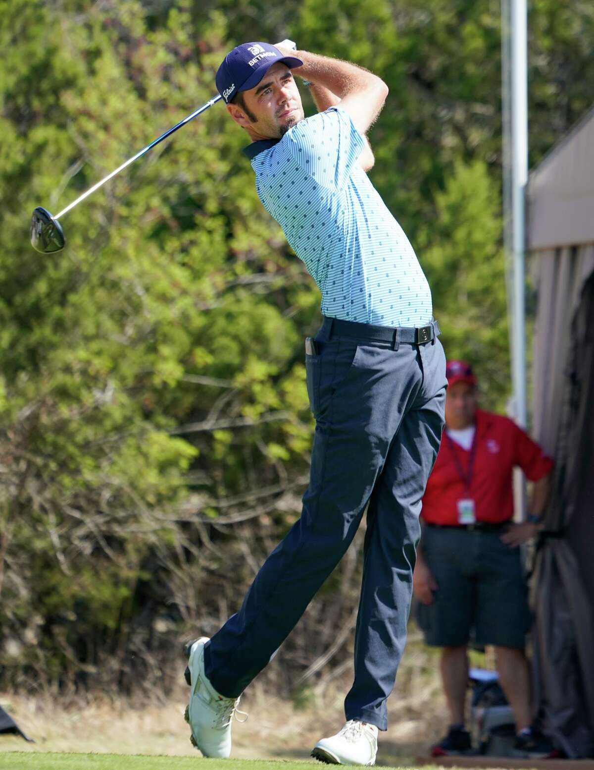 Troy Merritt tee's off during Sunday's final round of the Valero Texas Open at the TPC San Antonio Oaks Course.