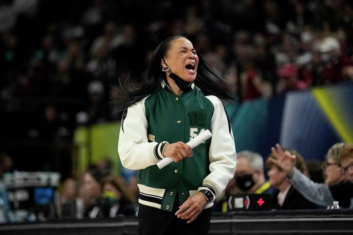 South Carolina head coach Dawn Staley reacts during the second half of a college basketball game in the final round of the Women's Final Four NCAA tournament Sunday, April 3, 2022, in Minneapolis.
