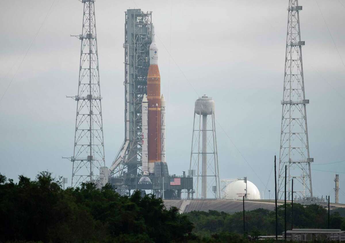 NASA’s Space Launch System rocket and Orion capsule are seen at NASA’s Kennedy Space Center in Florida. The rocket will be loaded with propellant on Monday, April 4, 2022, in a key test before the rocket can launch on its first mission.