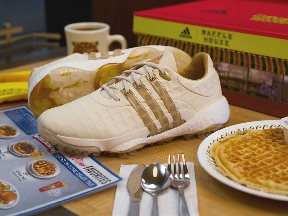 It honestly looks like poured syrup into the soles of this adidas x Waffle House collaboration.