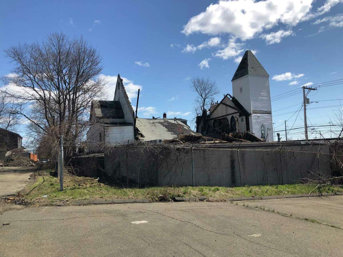 A view of the former True Pentecostal Church at 1241 Barnum Ave. in Bridgeport on April 4, 2022, after the building’s roof collapsed the day before.