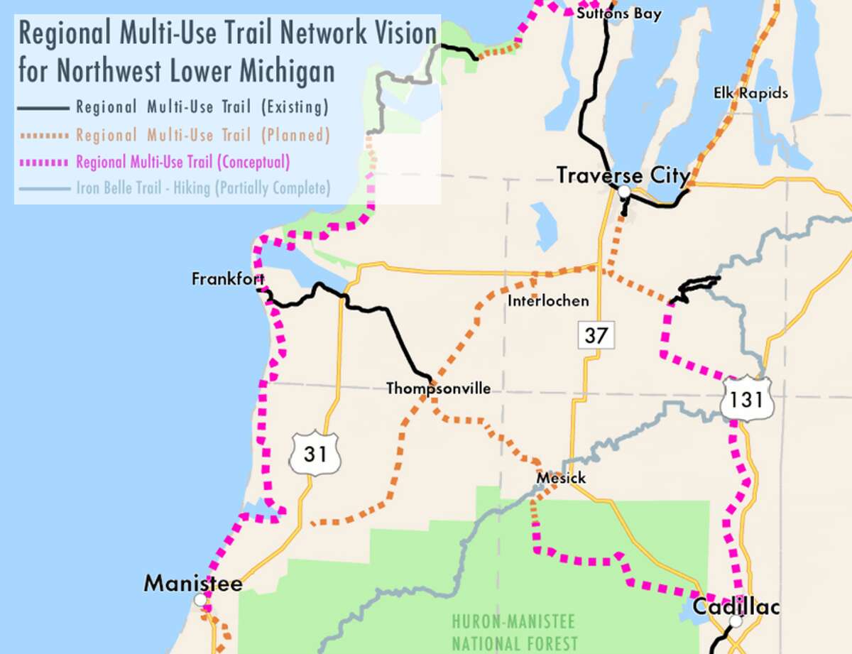 A conceptual map of what a regional trail system could look like, with Thomposnvill becoming a hub of hiking and biking activities. 