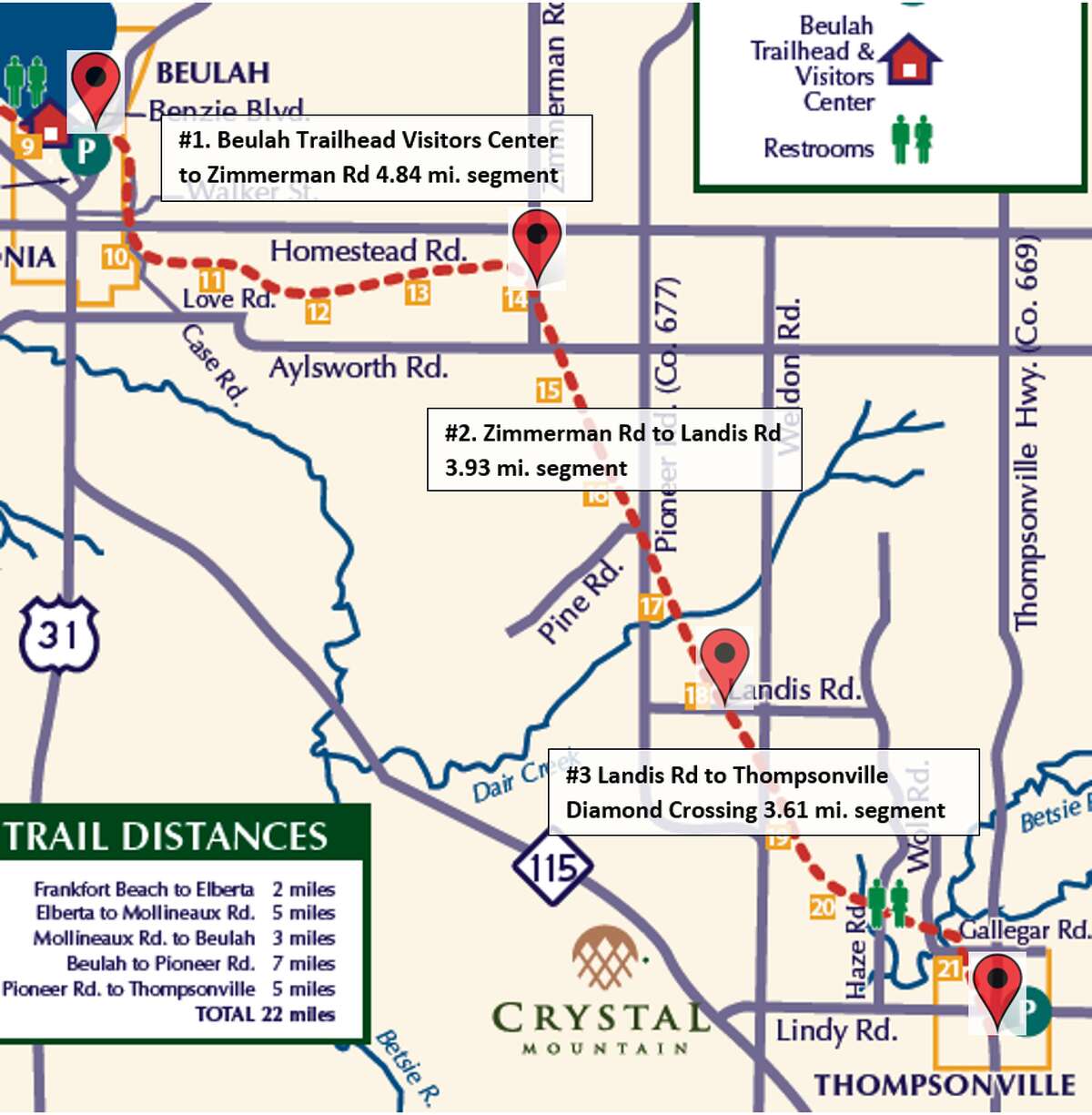 This map shows the 12 mile stretch of the Betsie Valley Trail the Friends of the Betsie Valley Trail want to pave. 