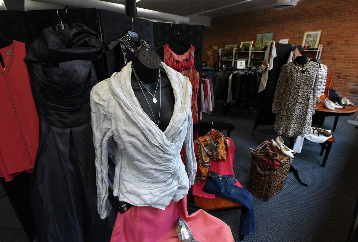 Used clothing is displayed for sale inside the new Vandy Thrift Shoppe which benefits Vanderheyden, a non-profit in Wynantskill that provides services to women and children, on Monday, April 4, 2022, behind 412 Broadway near Beaver St. in Albany, N.Y.