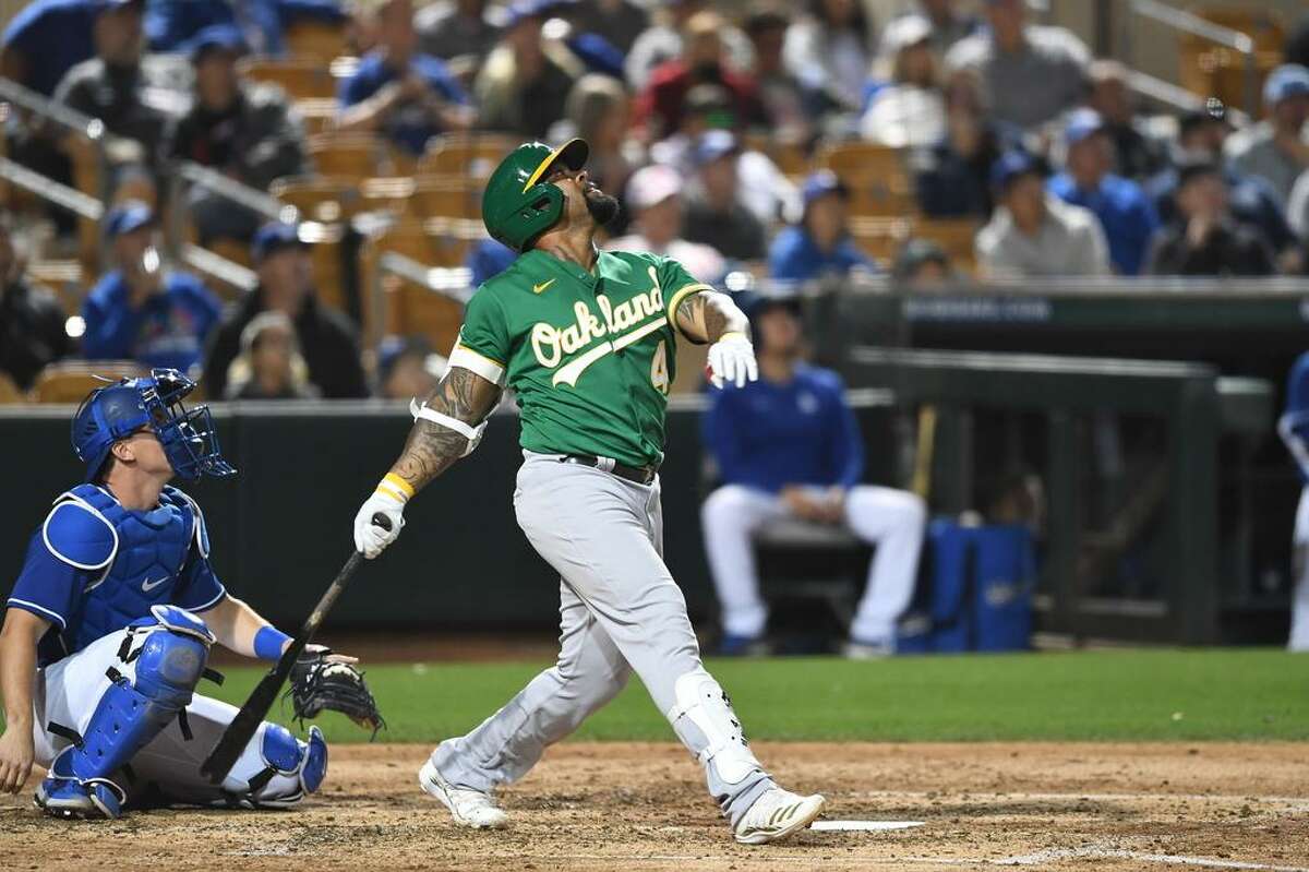 Eric Thames of the Oakland A’s during a game against the Los Angeles Dodgers on Tuesday at Camelback Ranch in Glendale, Ariz.