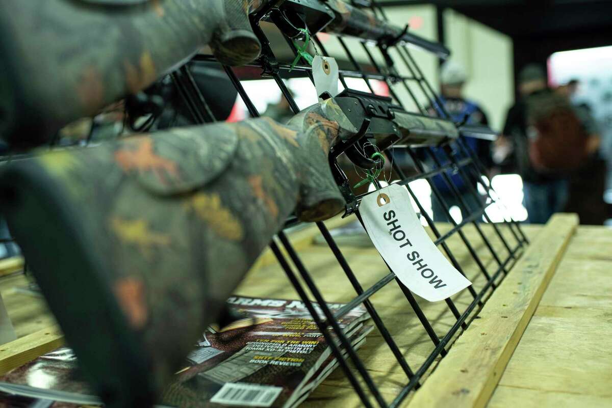Firearms on display at SHOT Show, the annual trade show for the gun industry in Las Vegas. The show is sponsored by the National Shooting Sports Foundation, Wednesday, Jan. 22 2020.