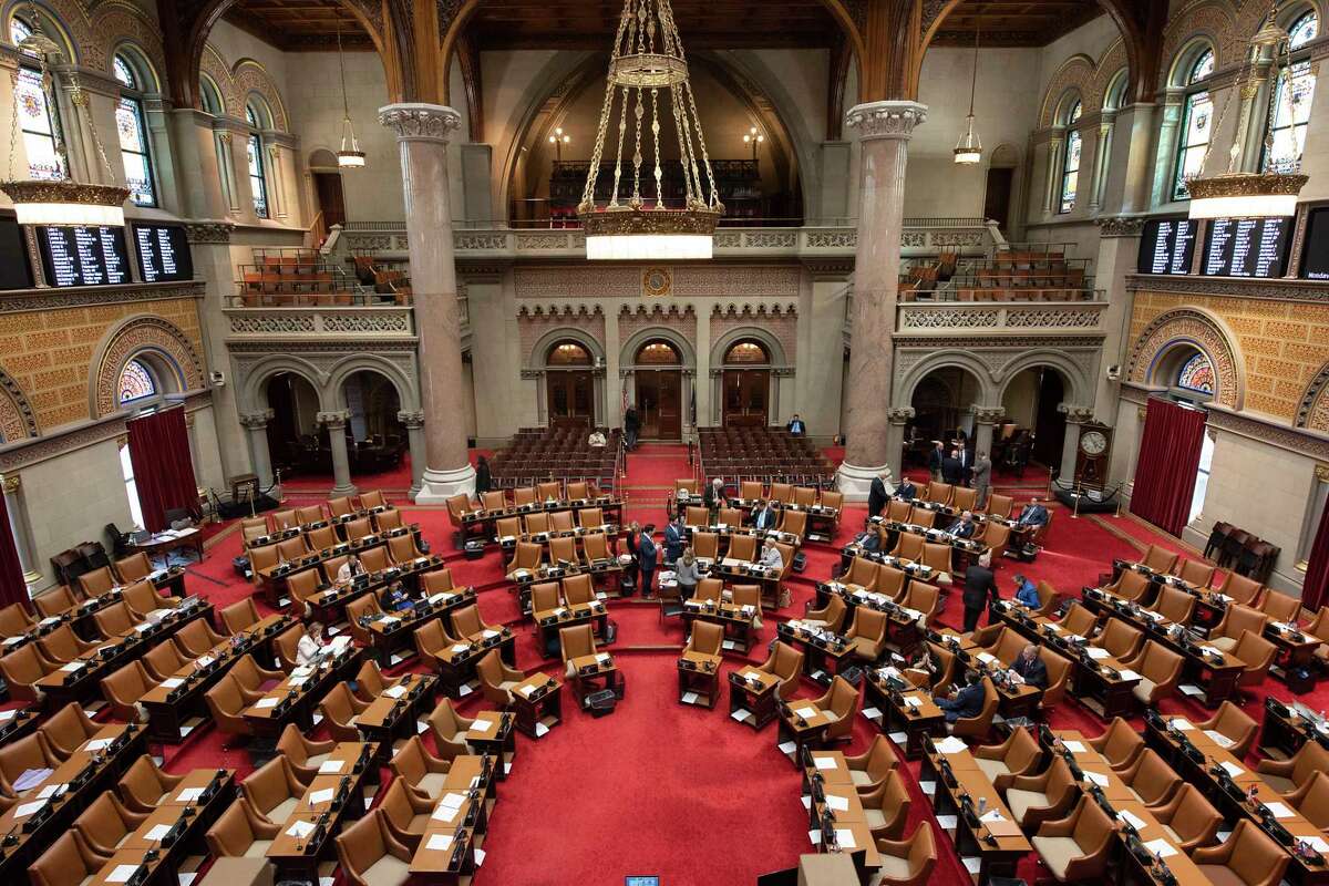 Assemblymembers are seen in session in the Assembly Chamber at the New York State Capitol on Monday, April 4, 2022 in Albany, N.Y. Legislators and Governor Kathy Hochul are hoping to pass the budget soon.