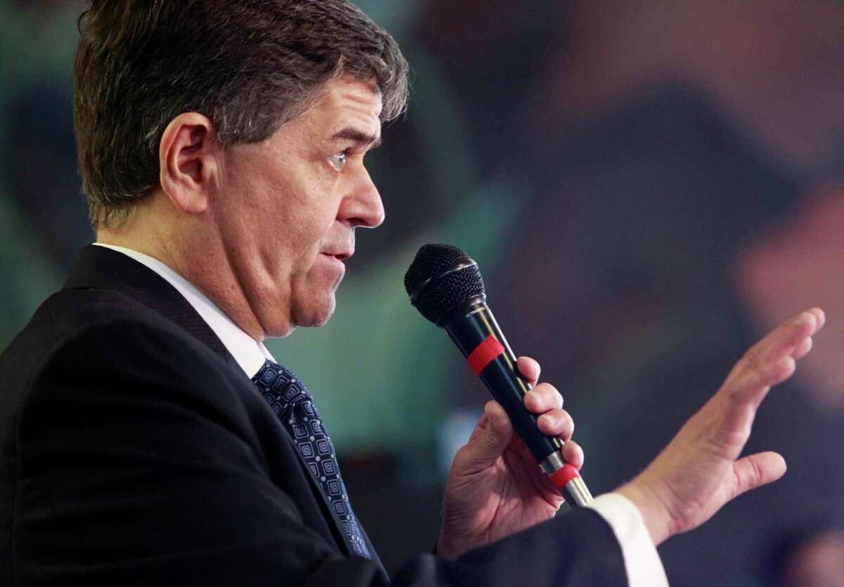 FILE - Rep. Filemon Vela, D-Texas, speaks on Feb. 20, 2017, in San Juan, Texas. Vela said Thursday, March 24, 2022, he will soon leave office for a job in the private sector rather than finish what was already his final term in Congress. (Nathan Lambrecht/The Monitor via AP, File)
