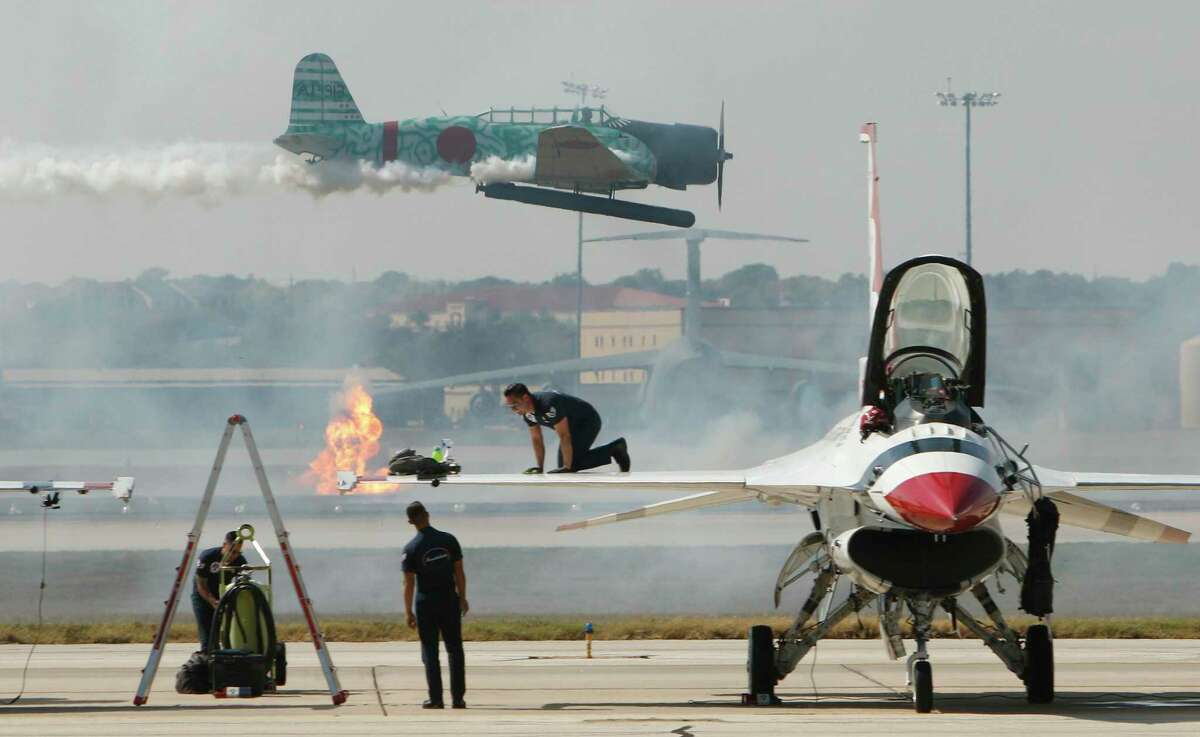 Vintage aircraft reenact the Pearl Harbor attack at the 2017 edition of the Great Texas Air Show at Joint Base San Antonio-Lackland’s Kelly Field Annex. The show this year will be at JBSA-Randolph this weekend.